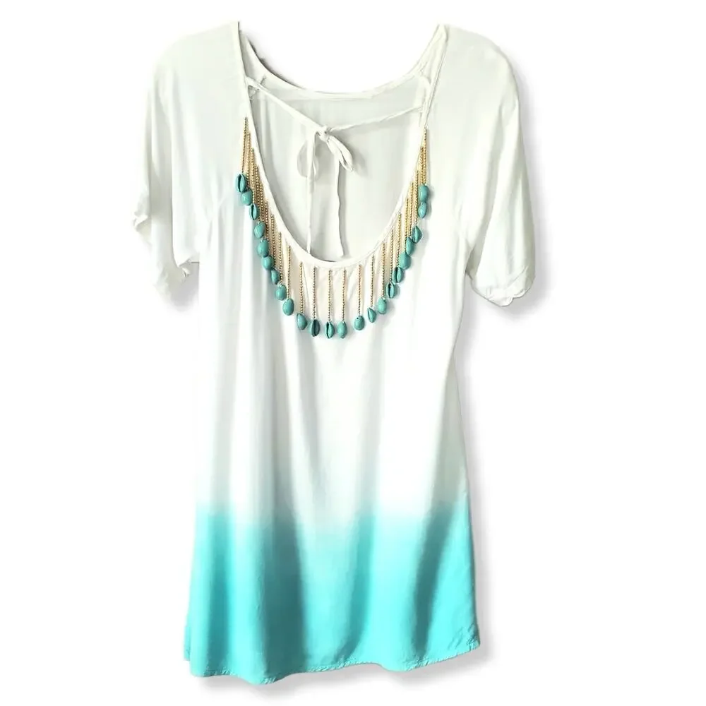 Soft Surroundings White Blue Shell Bead Tunic Top S Boho Beach Coastal Resort
